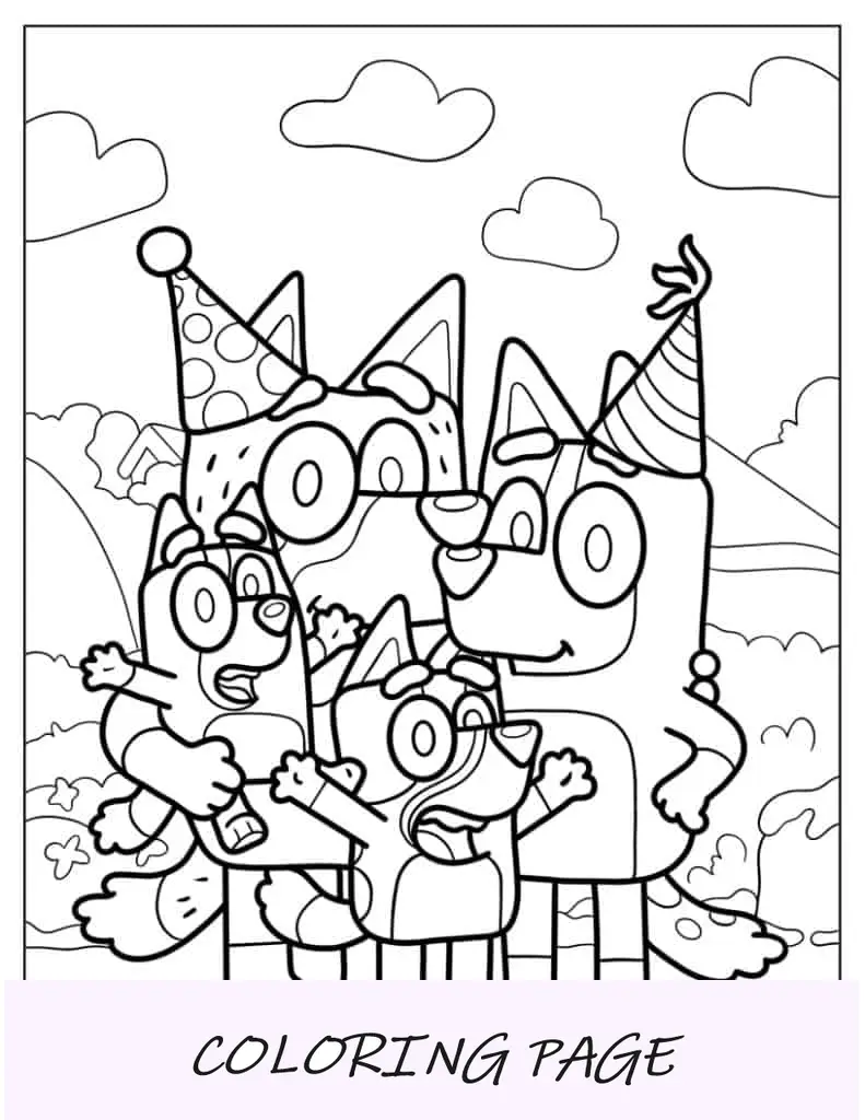 Bluey, Bingo, Bandit e Chilli com chapéus de festa para colorir