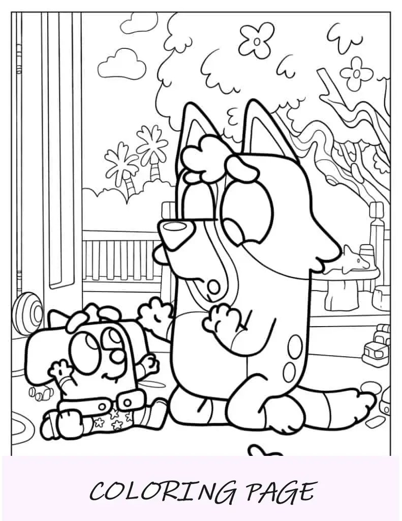Bluey cuidando do bebê Jean Luc
