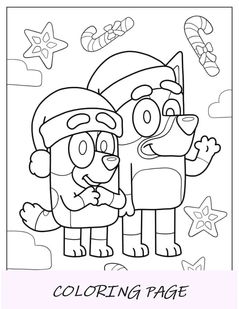 Bluey e Bingo usando chapéus de Papai Noel no dia de Natal