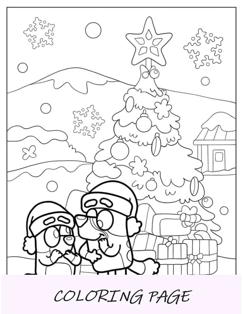 Bluey e Bingo usando chapéus de Papai Noel na frente da árvore de Natal