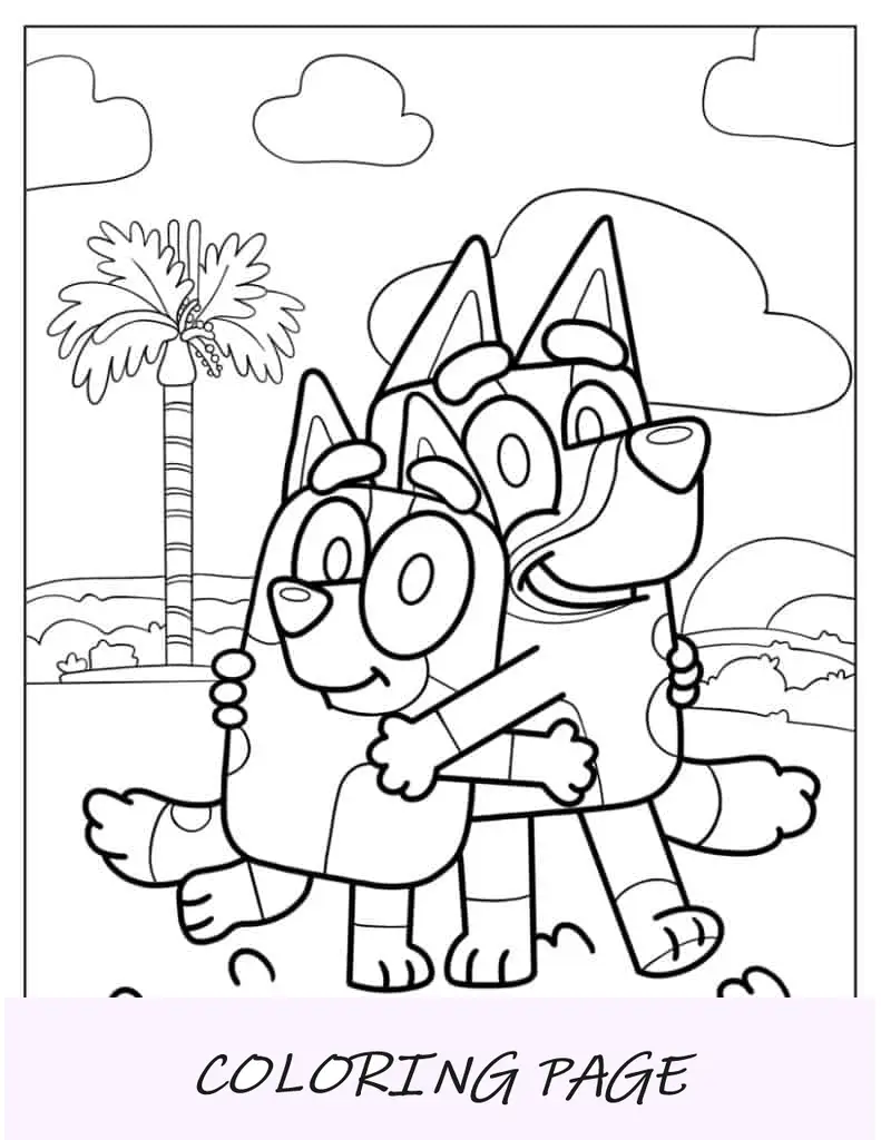 Página para colorir abraçando Bluey e Bingo