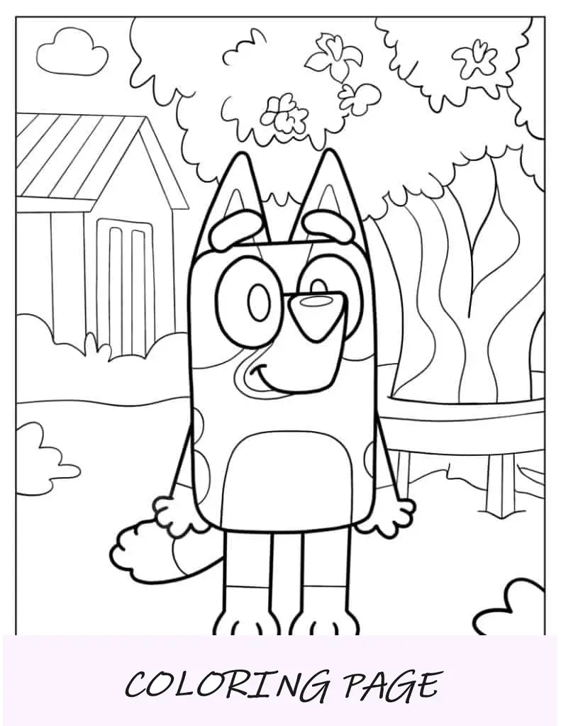 Desenho Para Colorir Bluey feliz em pé no quintal