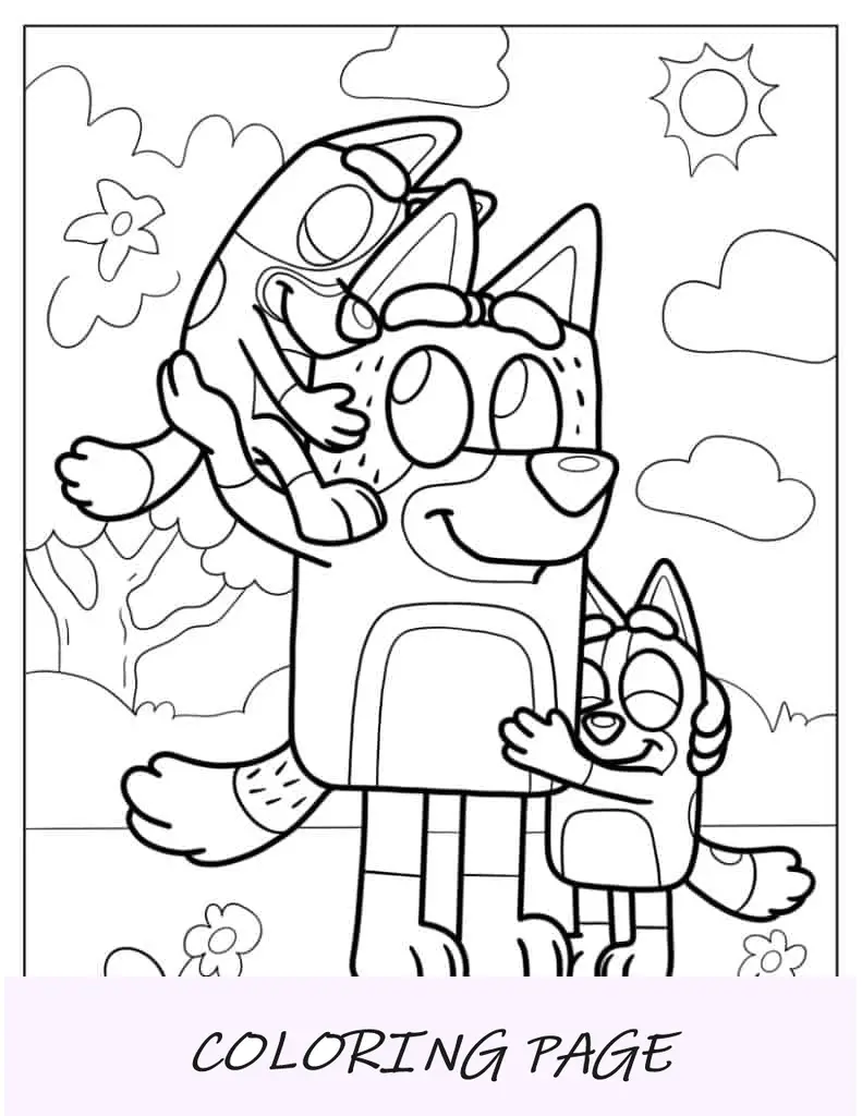 Folha para Colorir Bluey e Bingo Abraçando Bandido