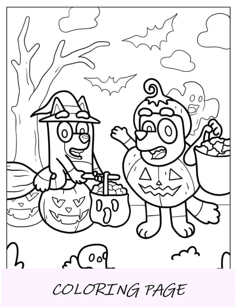 Folha para colorir de doces ou travessuras de bingo e Bluey no Halloween