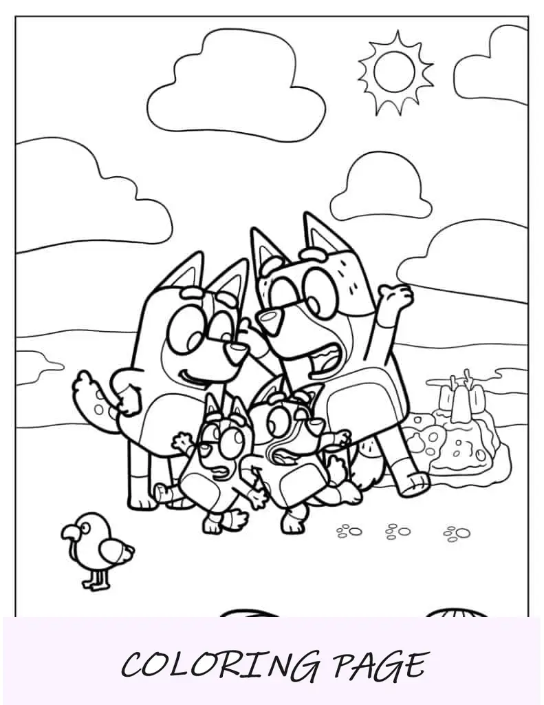 Bandido, Chilli, Bluey e Bingo dançando na praia