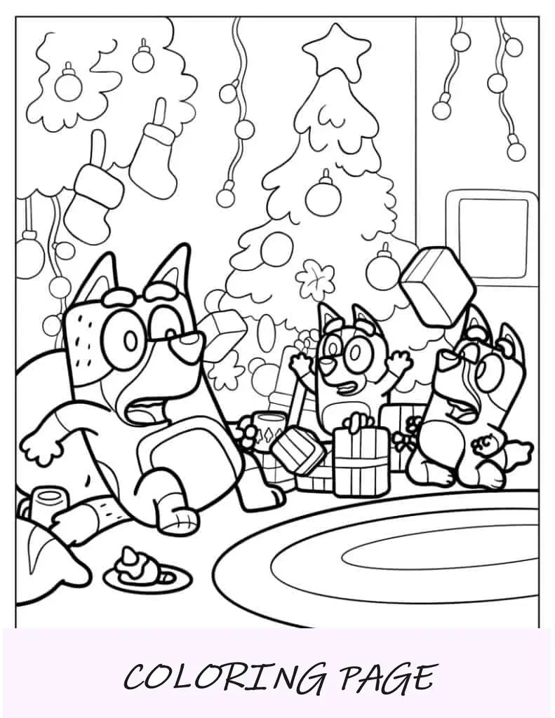Bandit, Chilli e Bluey abrindo presentes de Natal para colorir