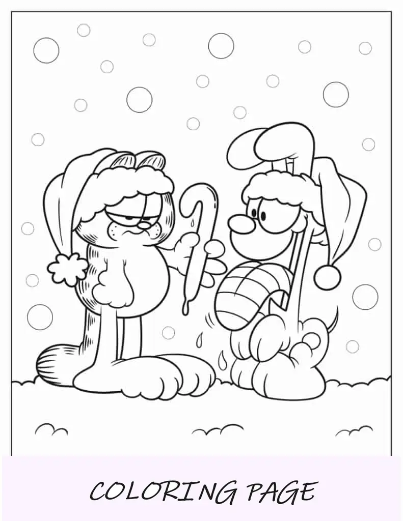 Garfield segurando um presente para Odie na folha para colorir de Natal