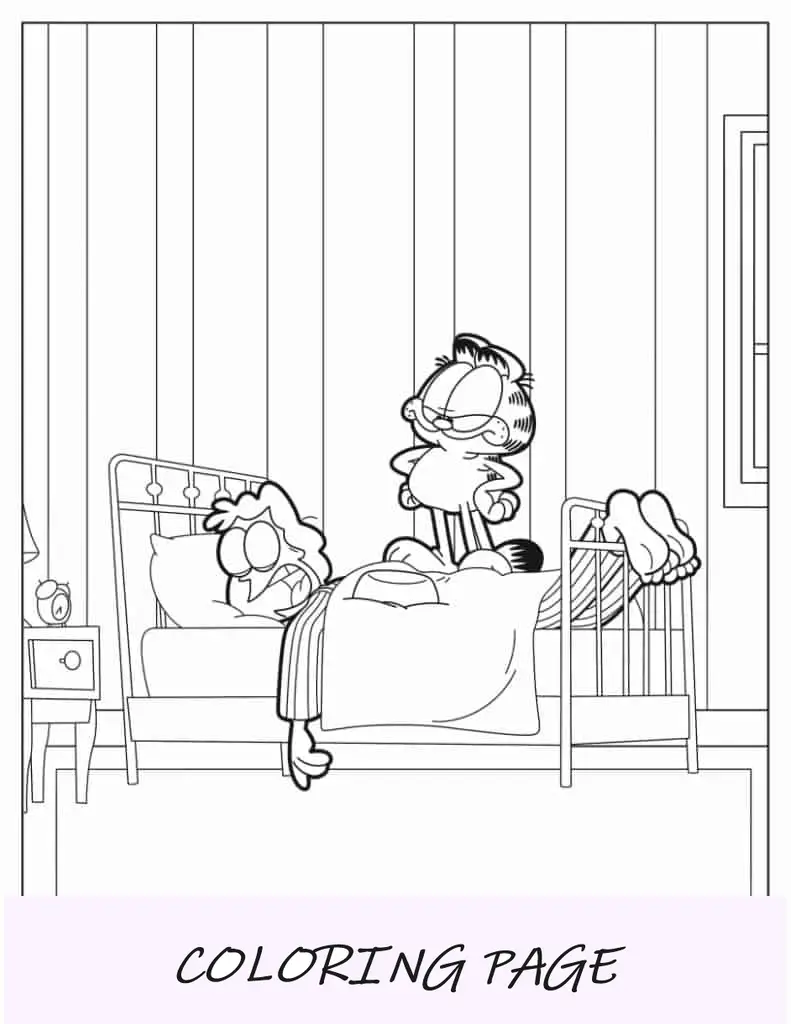 Garfield franzindo a testa ao dormir Jon Arbuckle Página para colorir