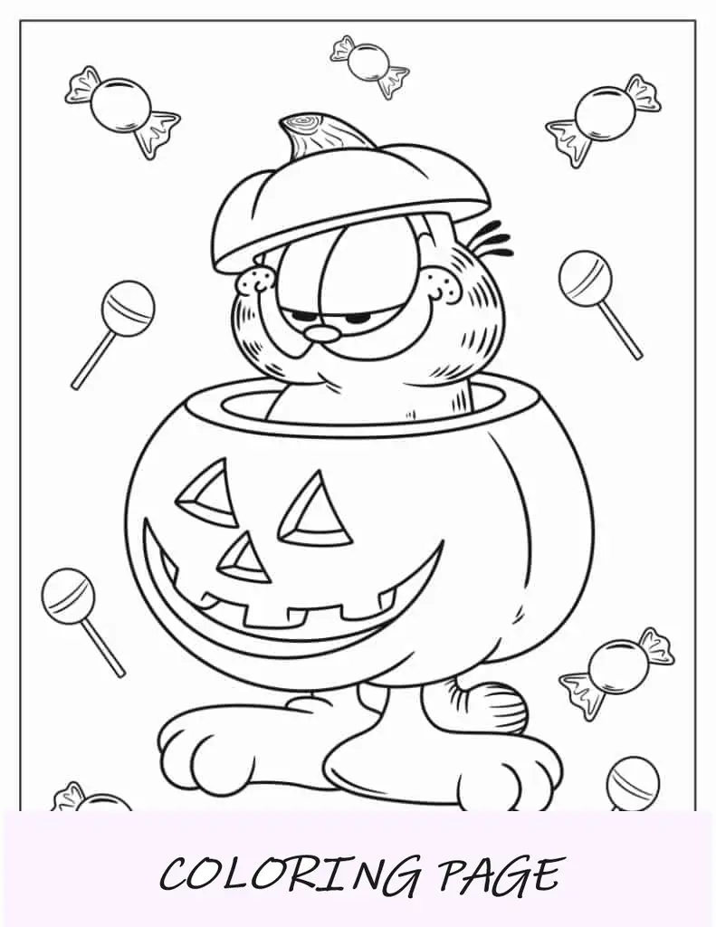 Página para colorir de Halloween de Garfield em Jack-O-Lantern