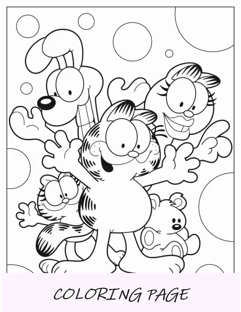 Página para colorir de Garfield, Odie, Arlene, Pookie e Nermal