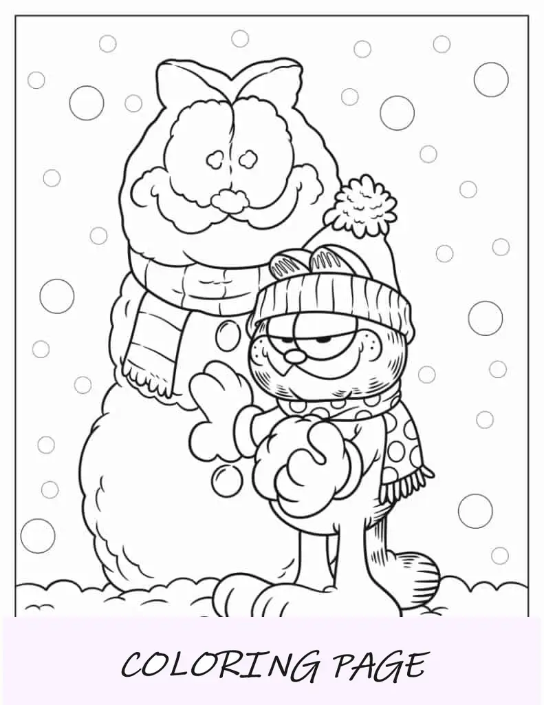 Página para colorir de Garfield fazendo o boneco de neve de Garfield de Natal
