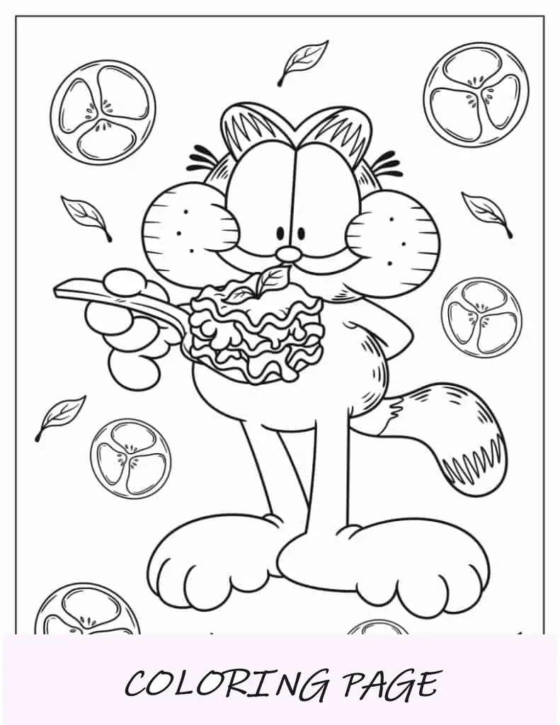 Folha para colorir Garfield comendo lasanha