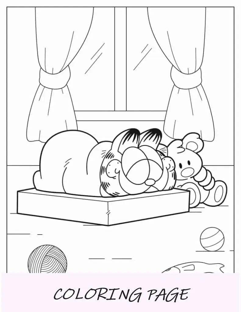 Linda página para colorir de Garfield dormindo com Pookie