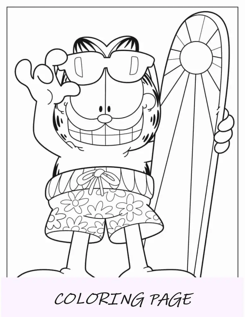 Folha para colorir de Garfield com óculos de sol e prancha de surf