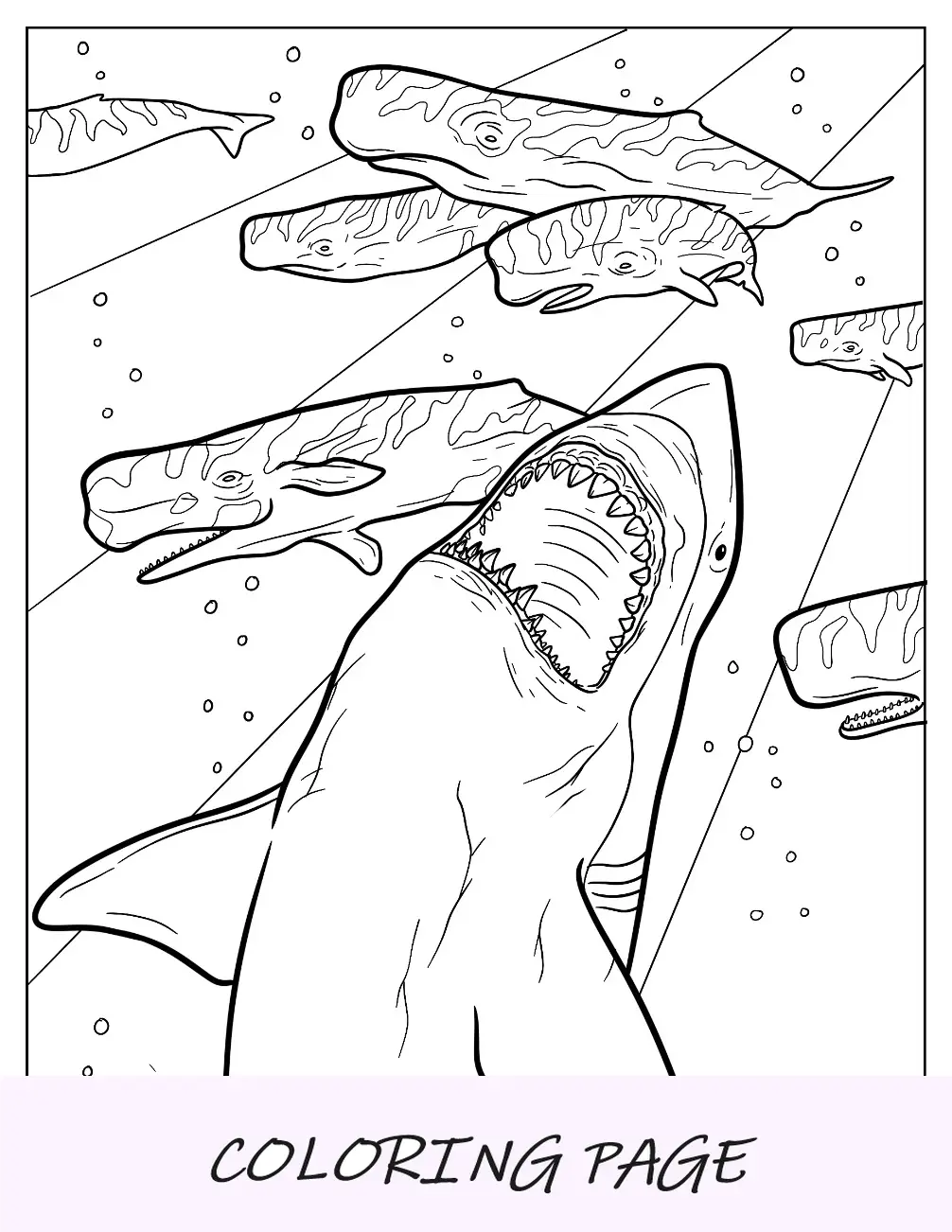 Página para colorir Megalodon perseguindo baleias