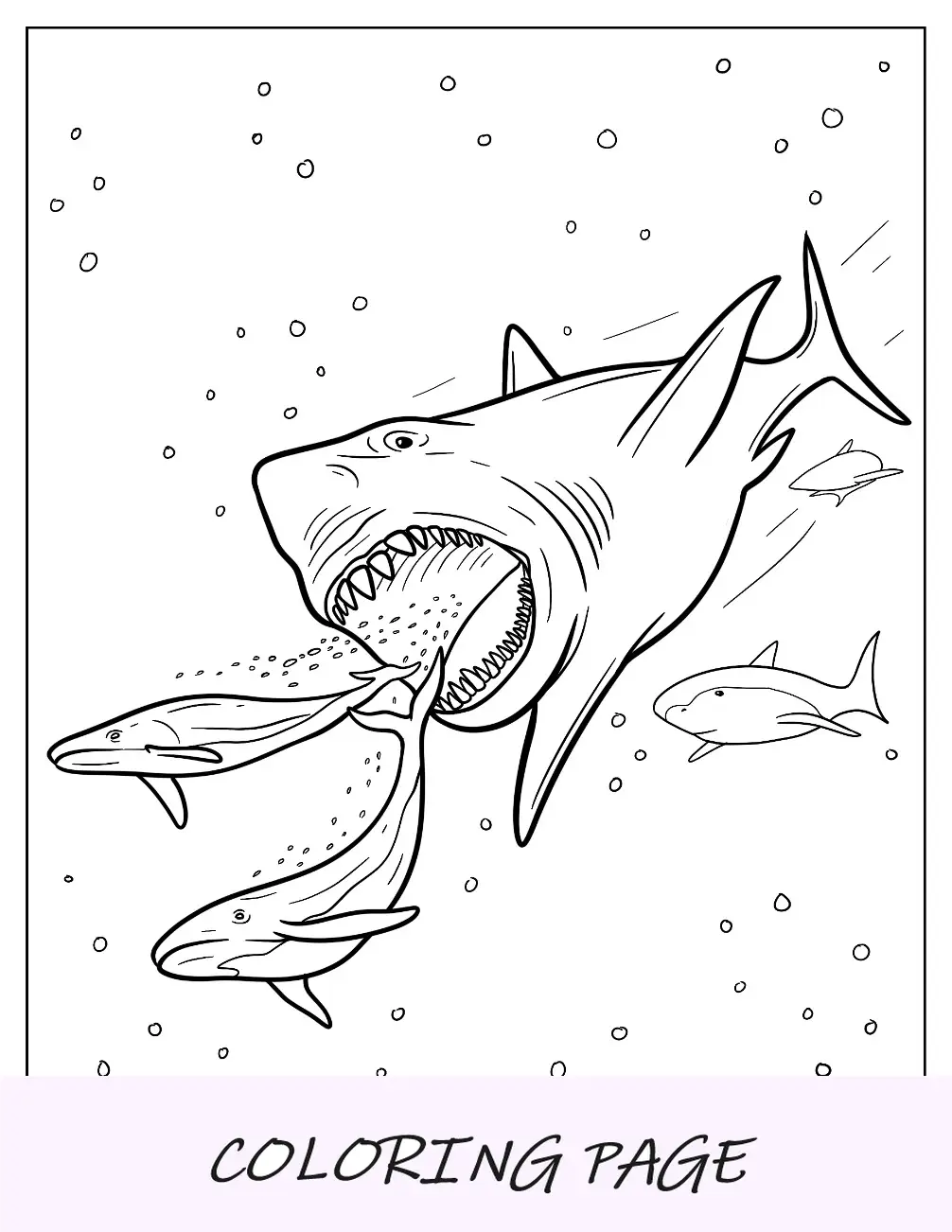 Página para colorir Megalodon perseguindo um tubarão que está perseguindo um mergulhador