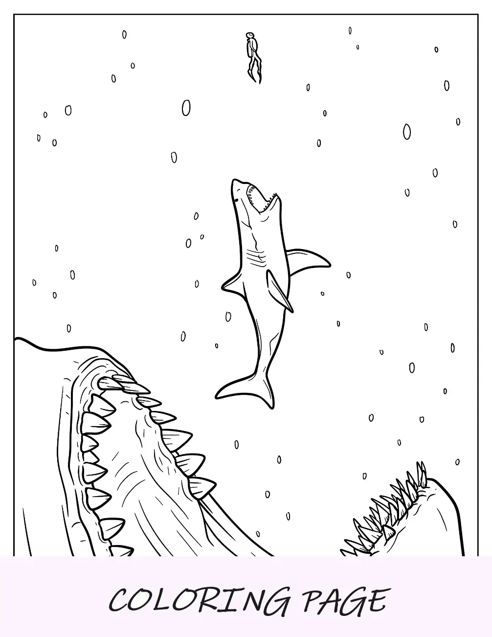 Página para colorir Megalodon mordendo um Mosassauro