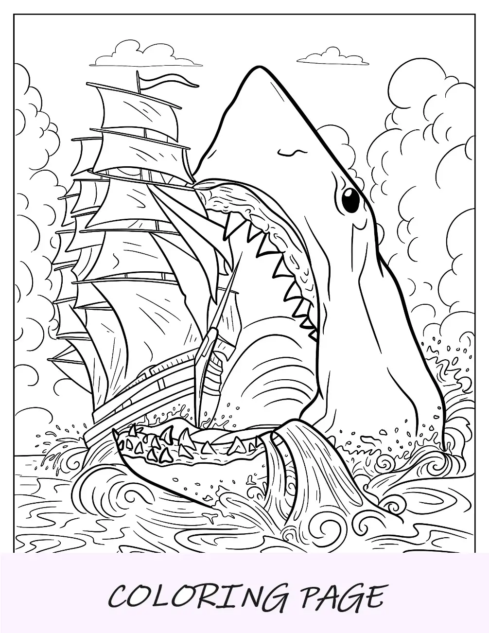 Vista frontal da página para colorir do Megalodon subaquático