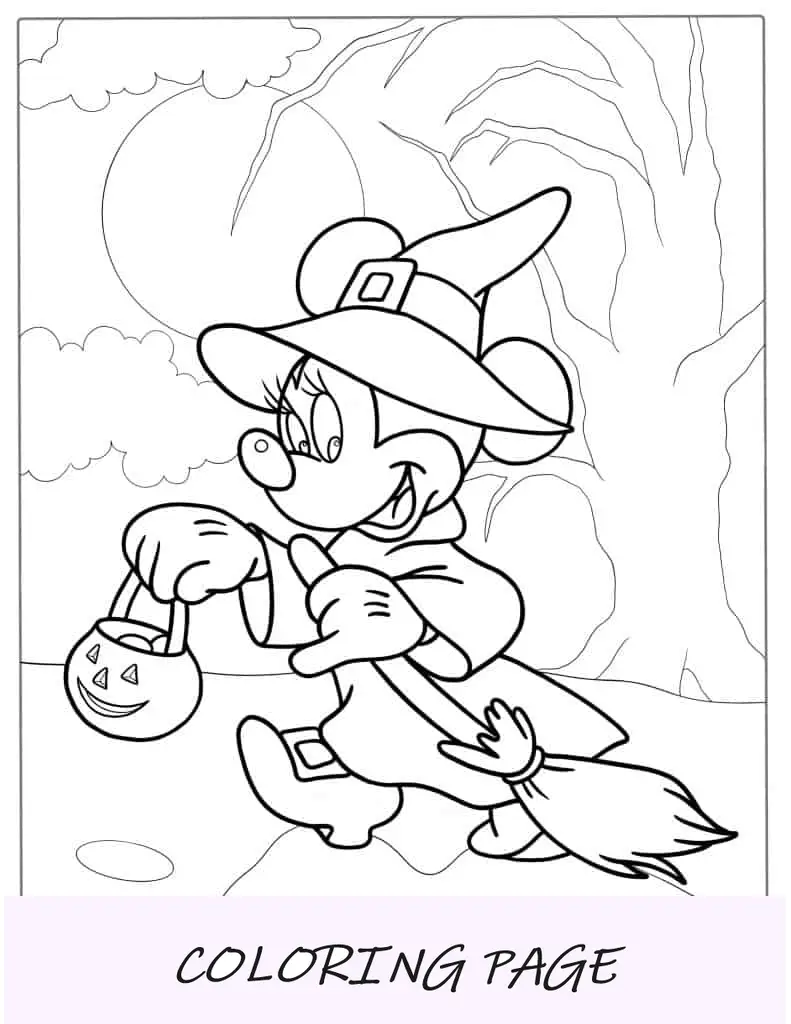 Página para colorir da Minnie Mouse com tema de Halloween