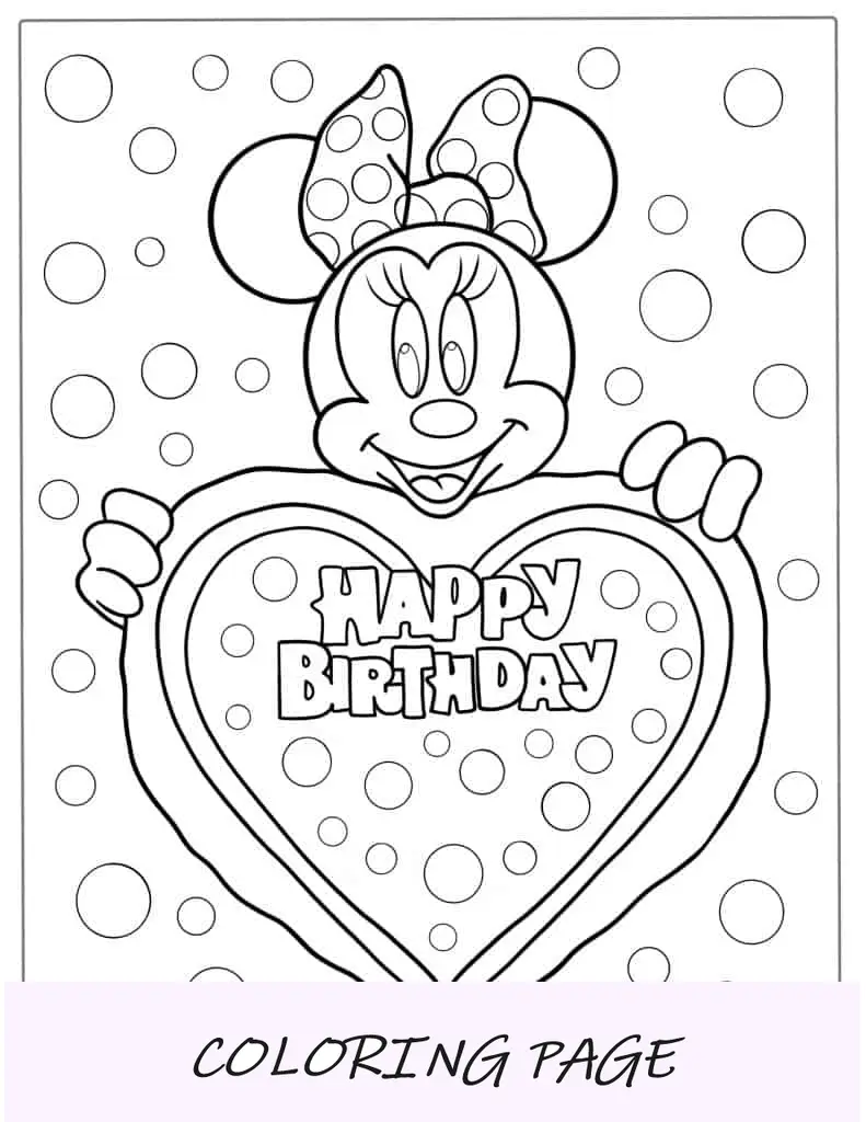 Página para colorir de feliz aniversário da Minnie Mouse para festas