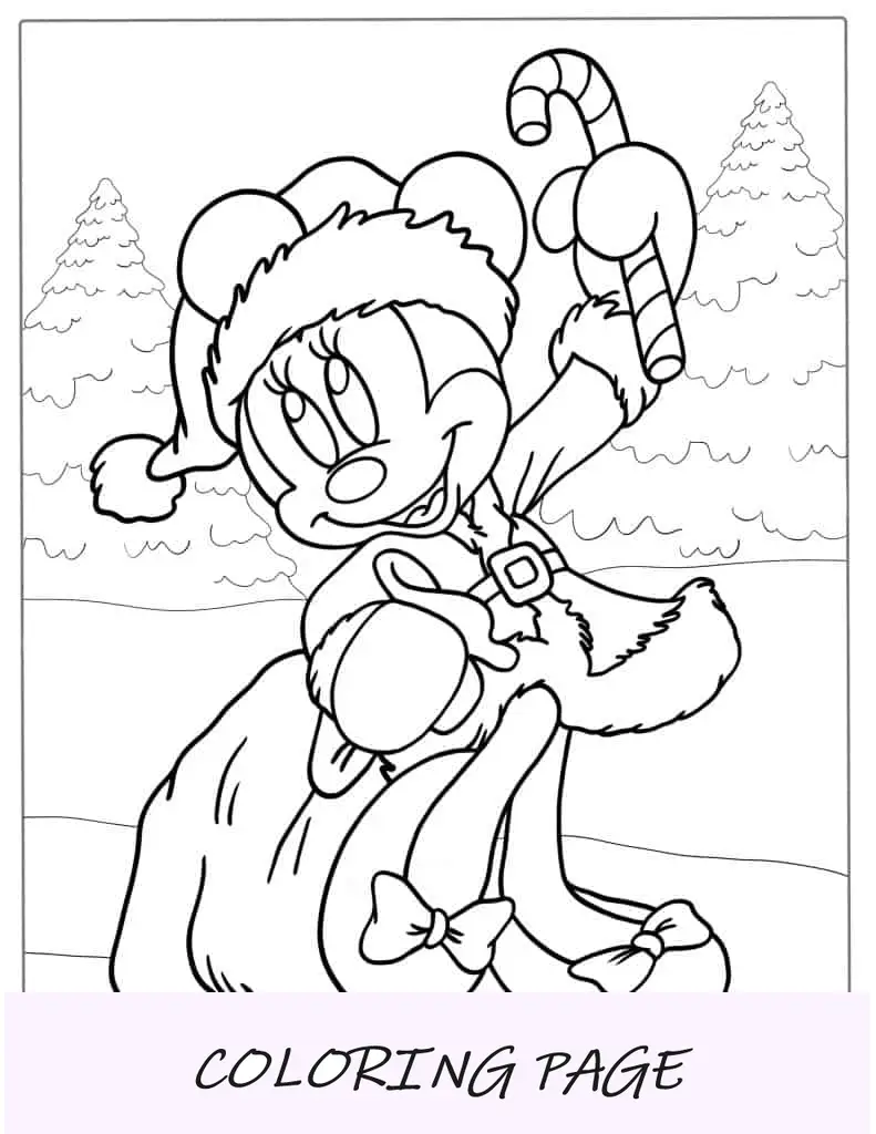 Página para colorir da Minnie Mouse com tema de Natal