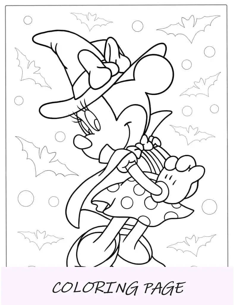Minnie Mouse vestida de bruxa durante o Halloween para colorir