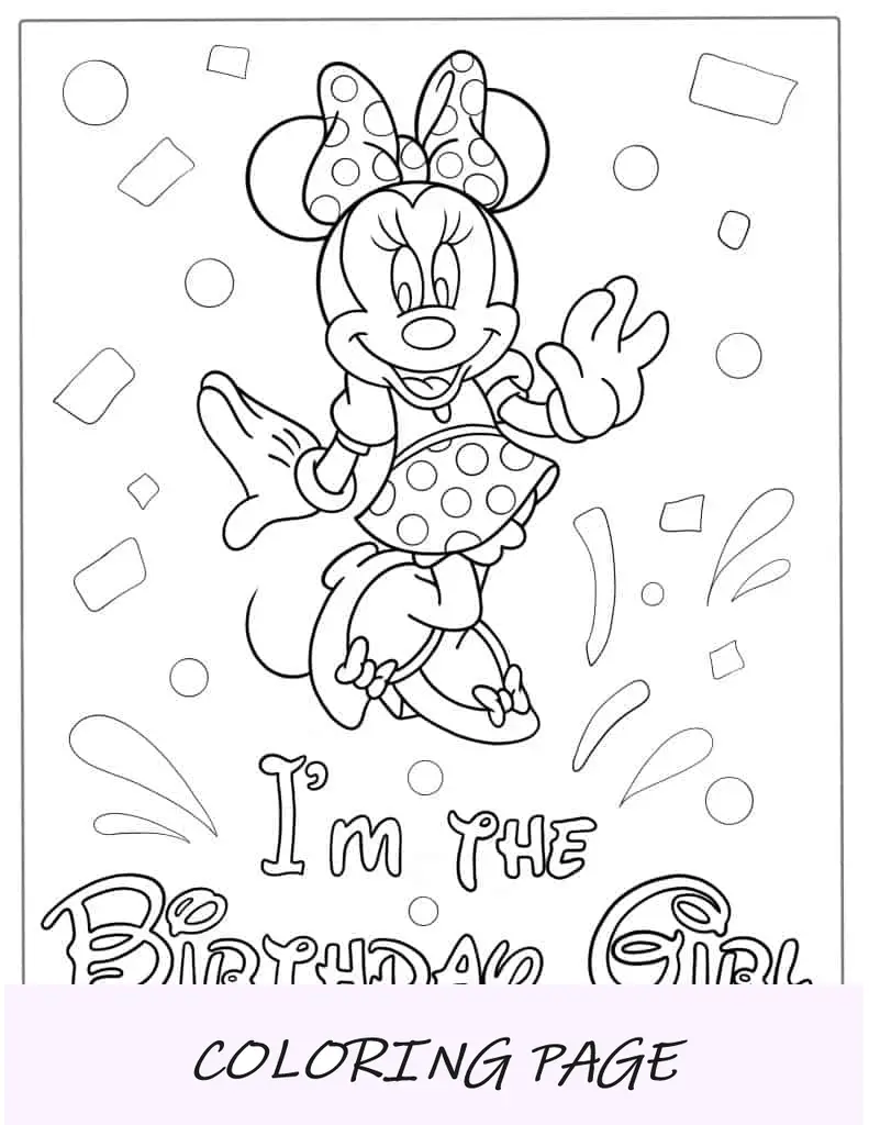 Página para colorir de feliz aniversário da Minnie Mouse