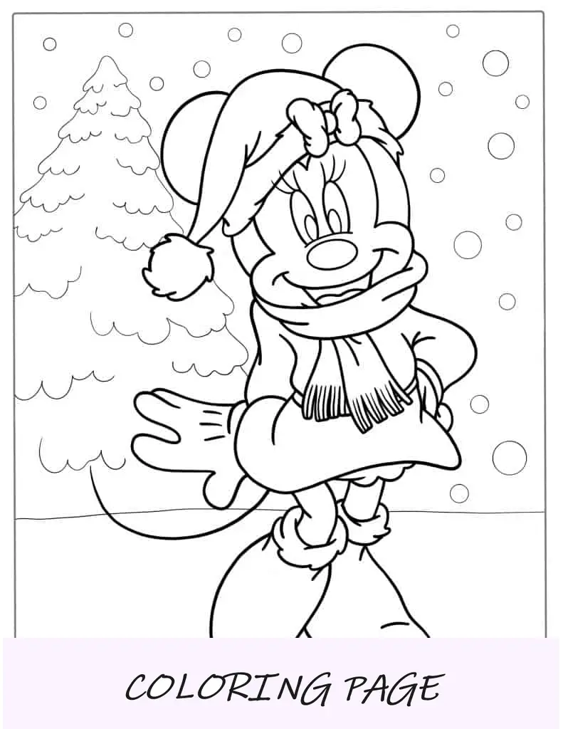 Minnie Mouse usando chapéu de Papai Noel na neve para colorir