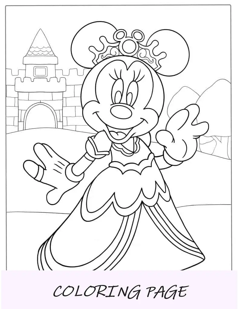 Princesa Minnie Mouse usando vestido e coroa para colorir