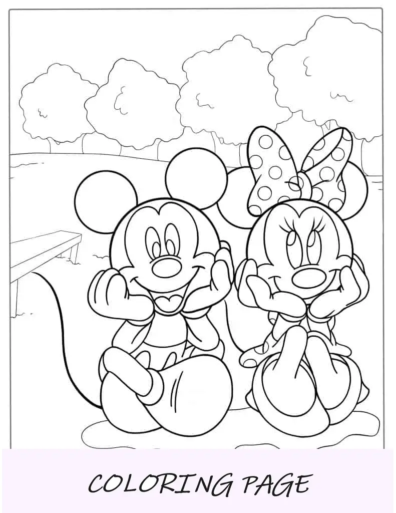 Desenho para colorir da Minnie e do Mickey Mouse sorridentes