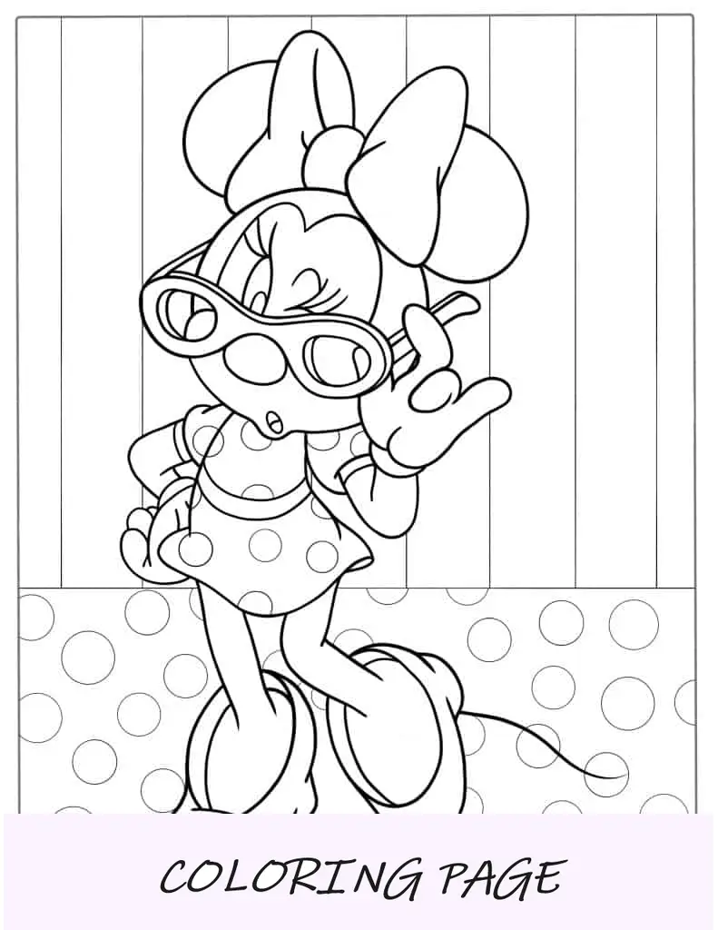 Folha para colorir da Minnie Mouse usando óculos escuros