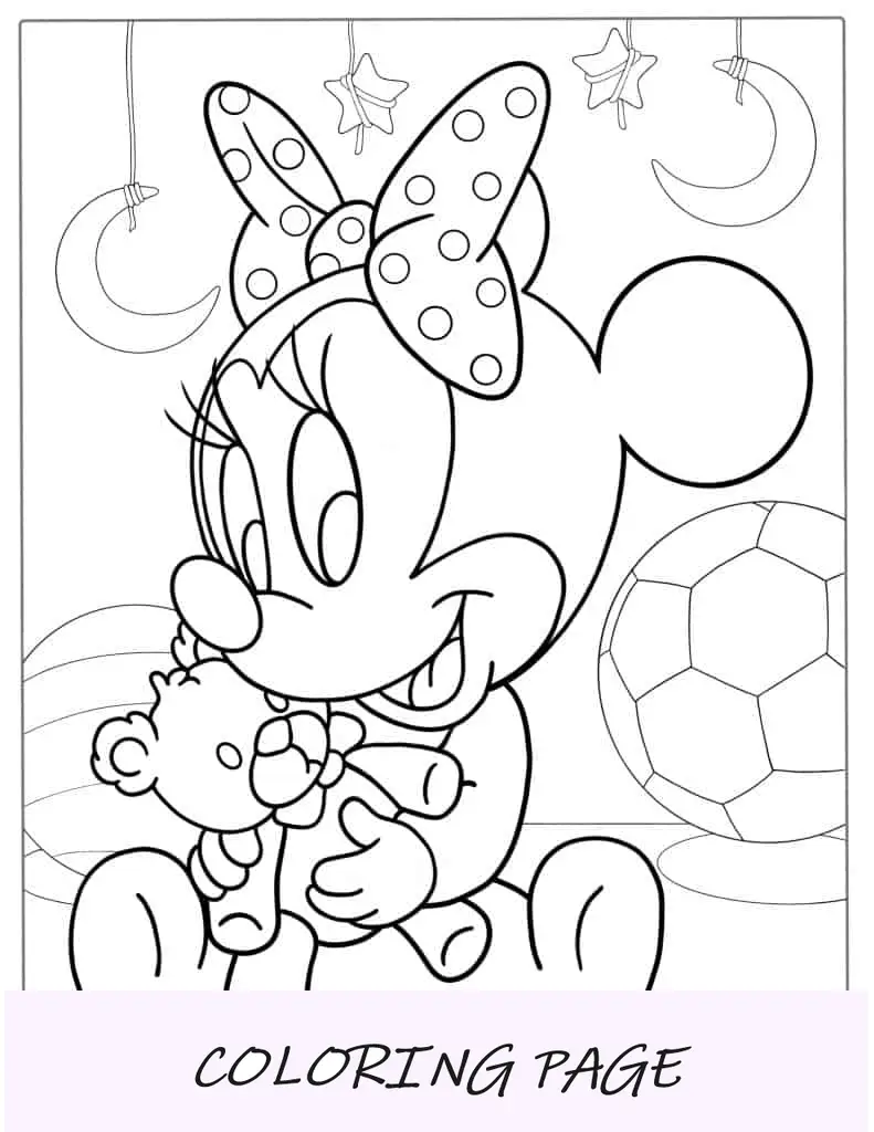 Página para colorir do bebê fofo da Minnie Mouse para crianças