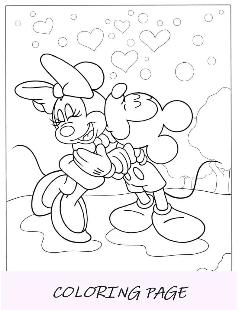 Desenho para colorir de Minnie e Mickey Mouse se beijando