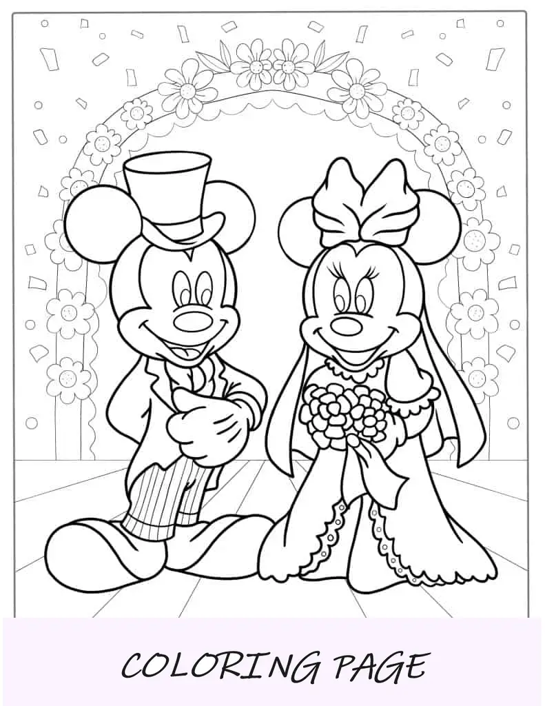 Página para colorir do dia do casamento da Minnie e do Mickey Mouse