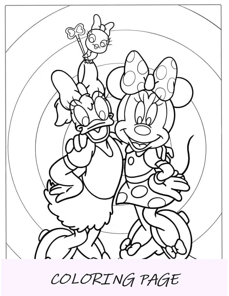 Página para colorir da Margarida e da Minnie Mouse