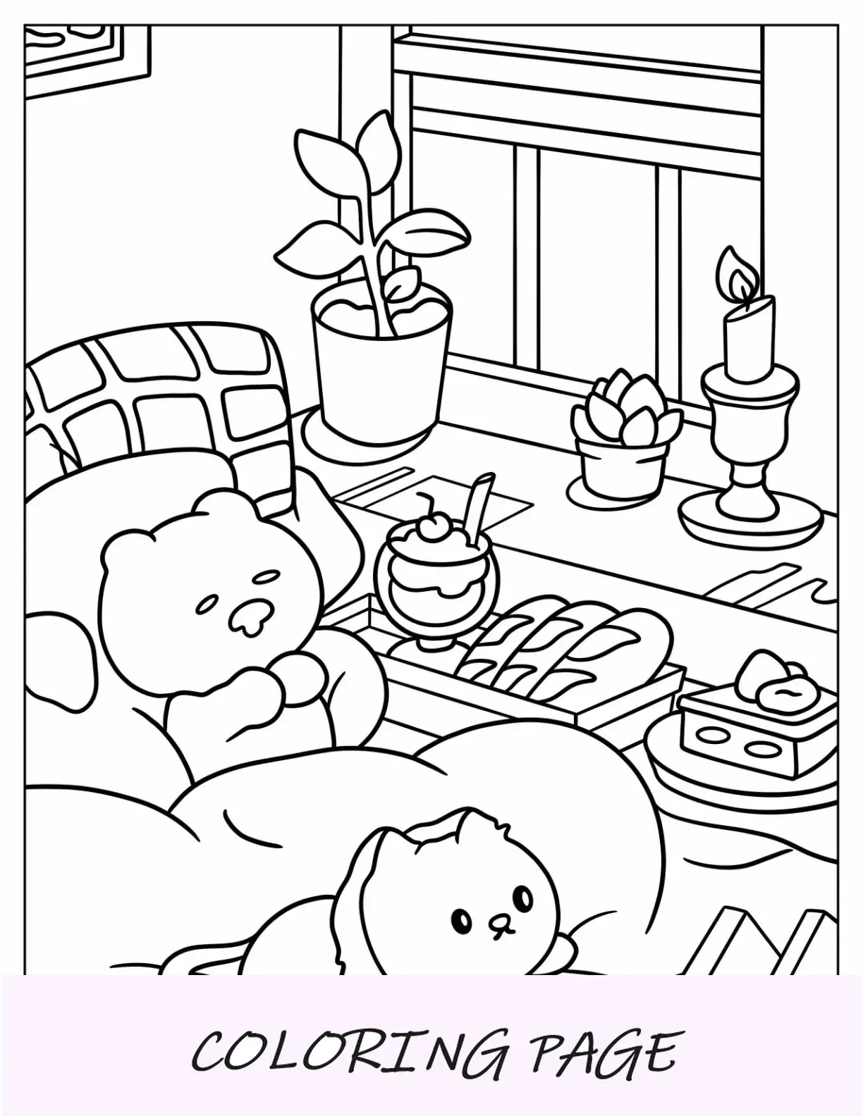 Gato dormindo no sofá ao lado de um livro aberto e aconchegante página para colorir estética Boho