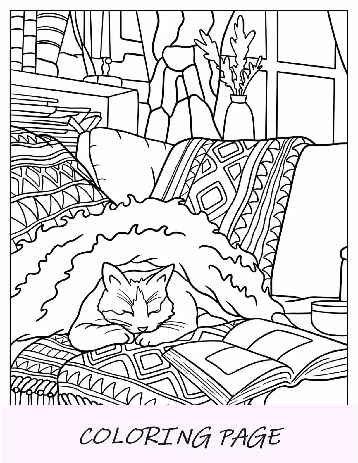 Desenho de cogumelo sentado abaixo da árvore, página para colorir estética do mundo de fantasia