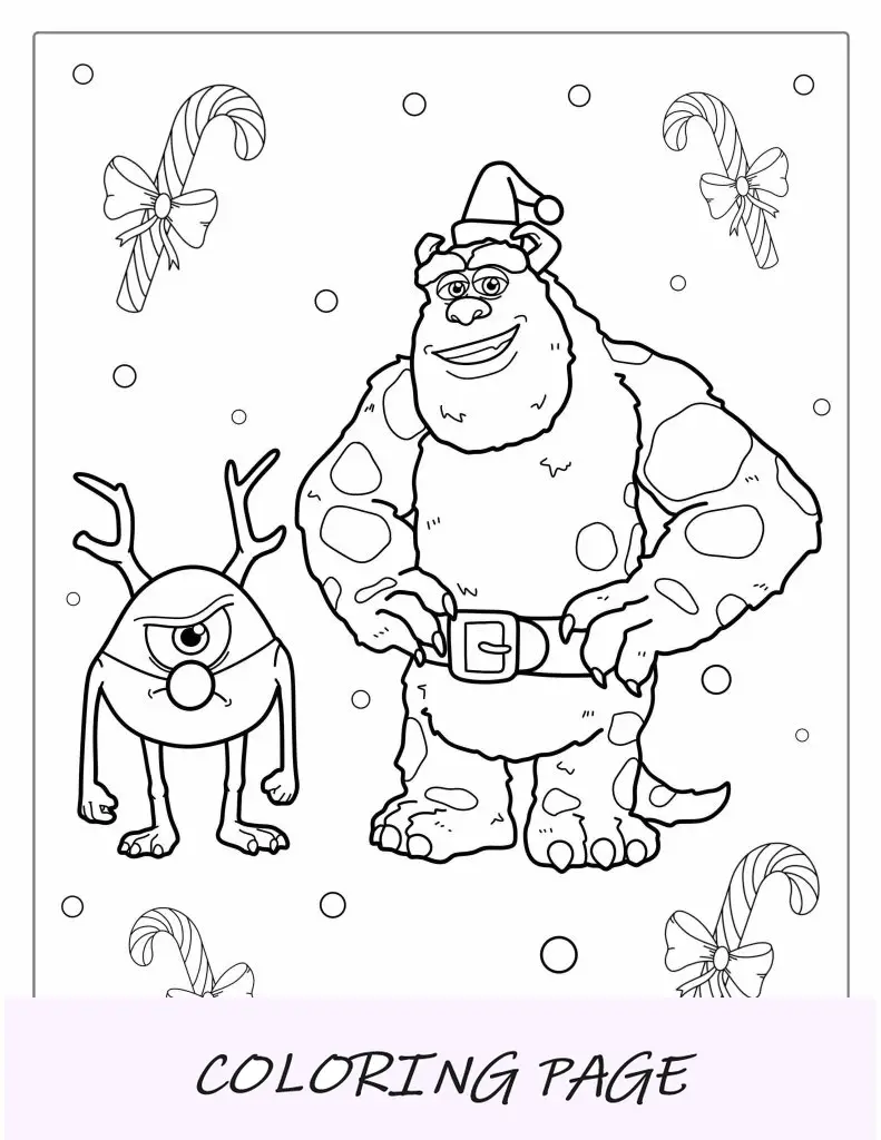 Folha para colorir de Monsters Inc com tema de Natal