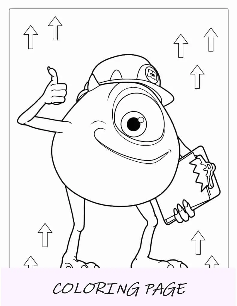 Mike Wazowski sorridente segurando uma prancheta