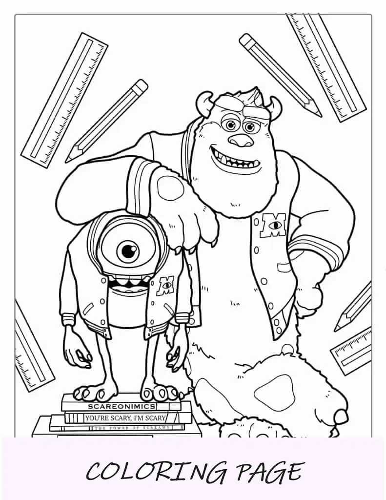 Folha para colorir Sullivan e Mike como estudantes