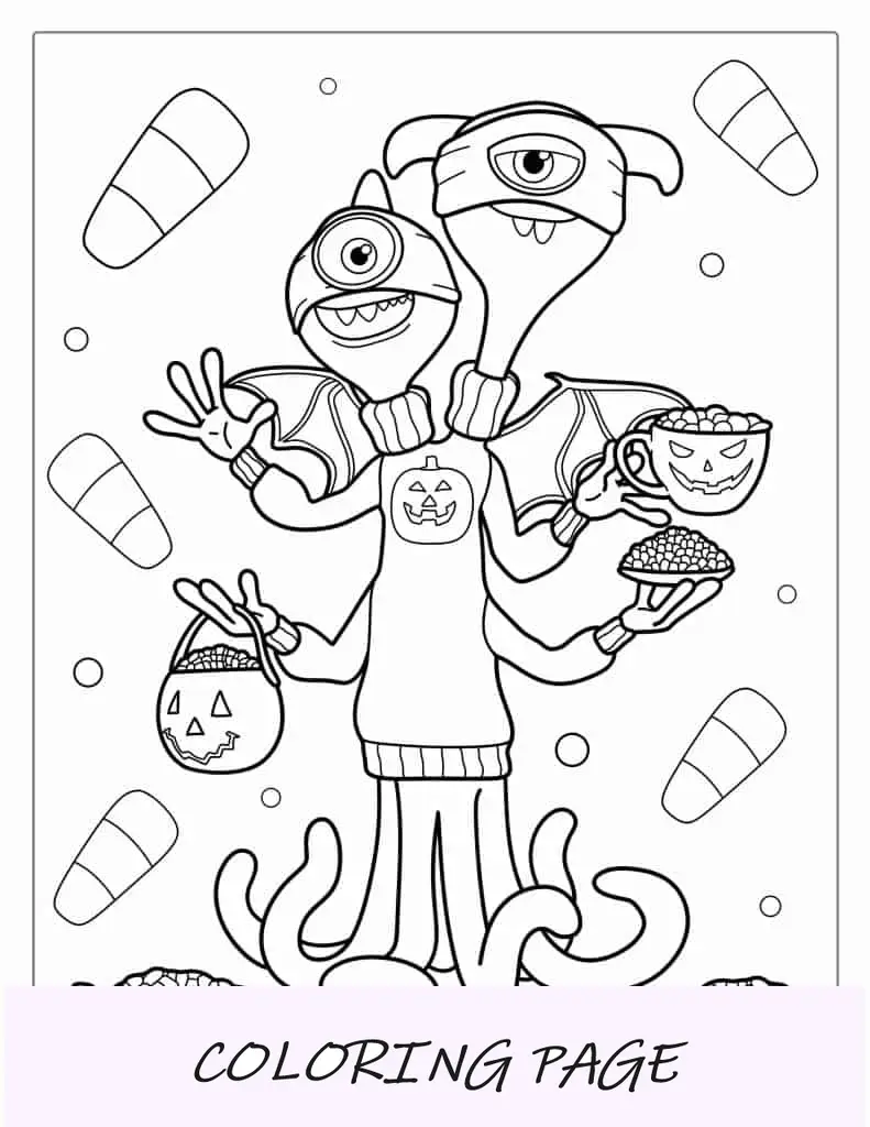 Folha para colorir de Monsters Inc com tema de Halloween
