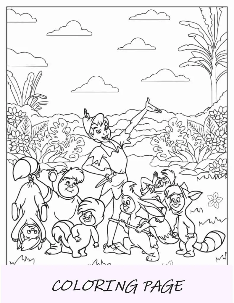 Desenho para colorir de Peter Pan e os meninos perdidos