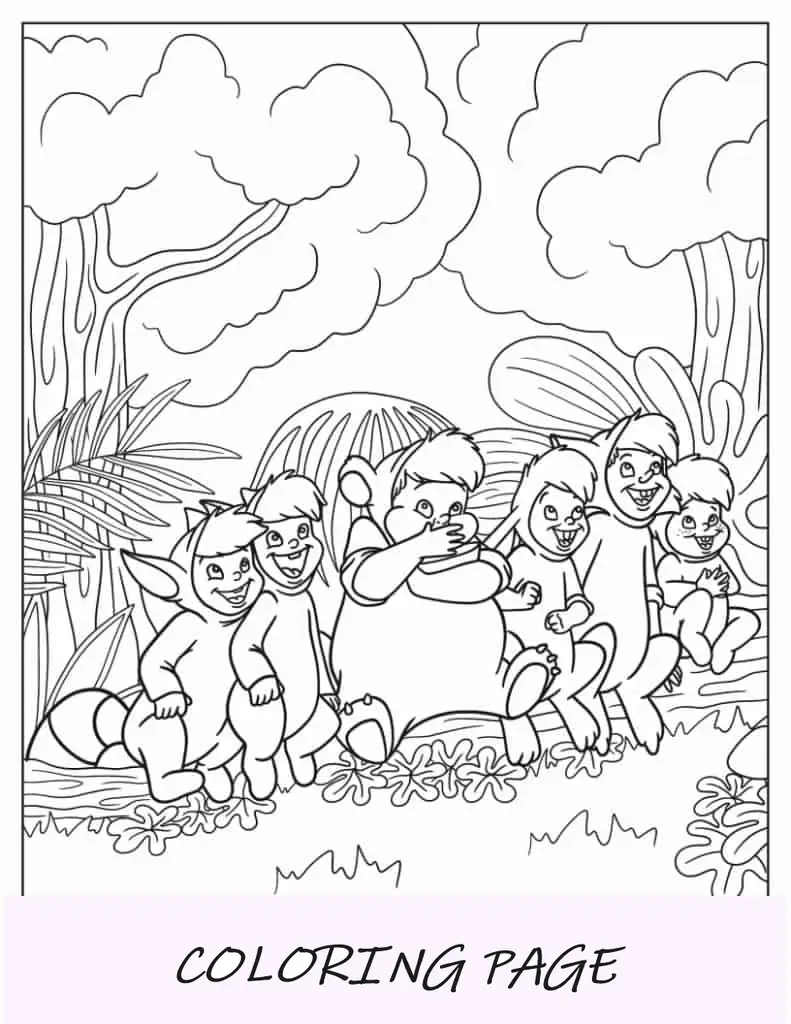 Página para colorir detalhada de meninos perdidos em Neverland