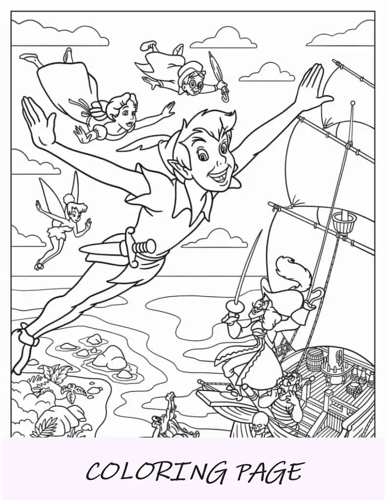 Desenho para colorir de Peter Pan e Wendy voando sobre o navio do Capitão Gancho