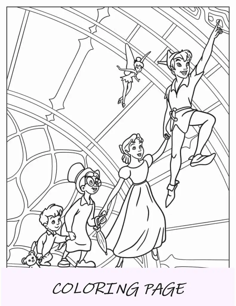 Peter Pan ensinando Wendy, John e Michael a voar