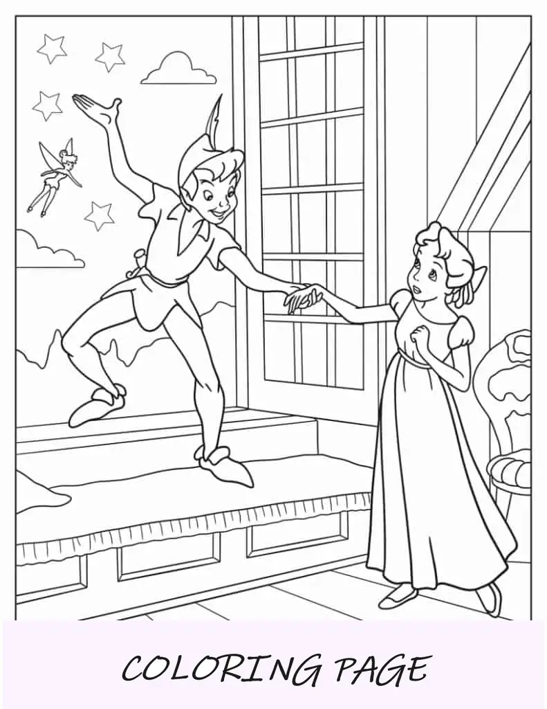 Folha para colorir de Peter Pan levando Wendy para Neverland