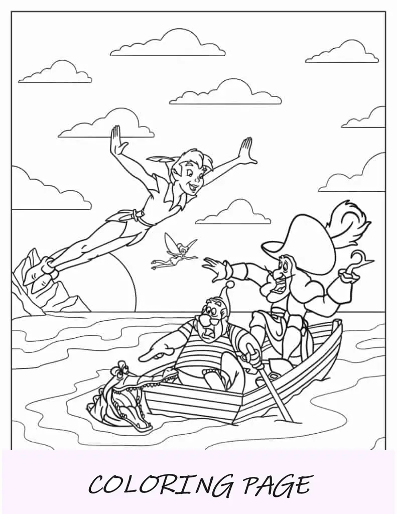 Peter Pan voando sobre o assustado Capitão Gancho para colorir
