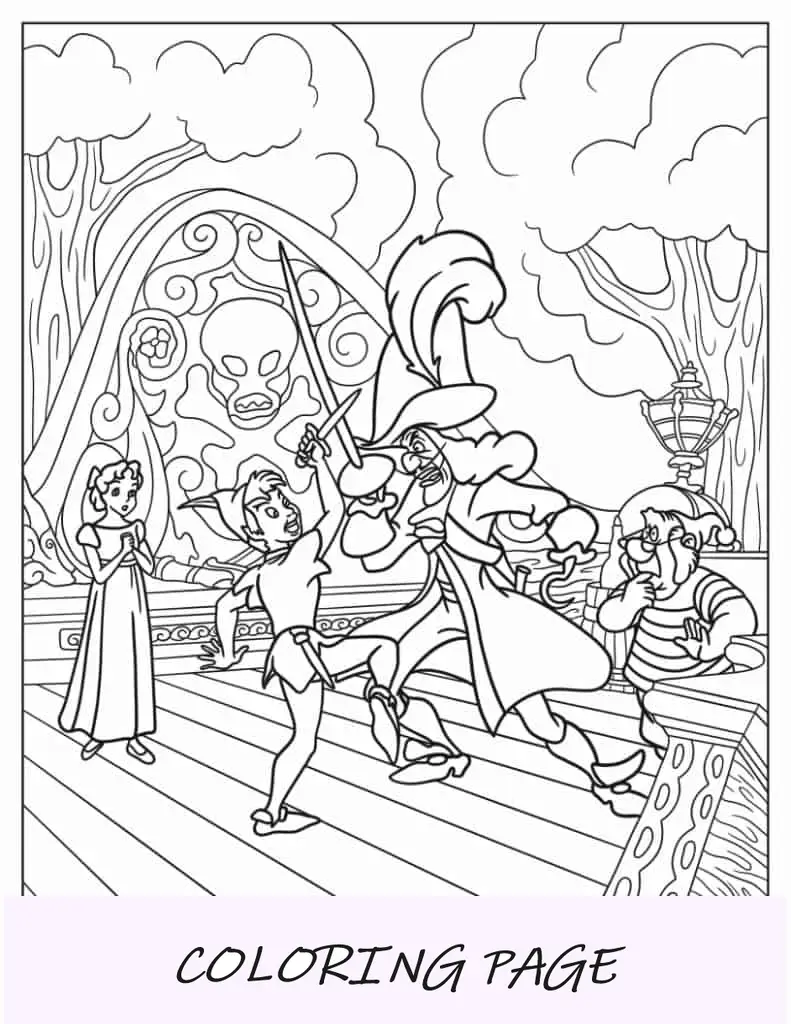 Peter Pan lutando contra o Capitão Gancho no navio