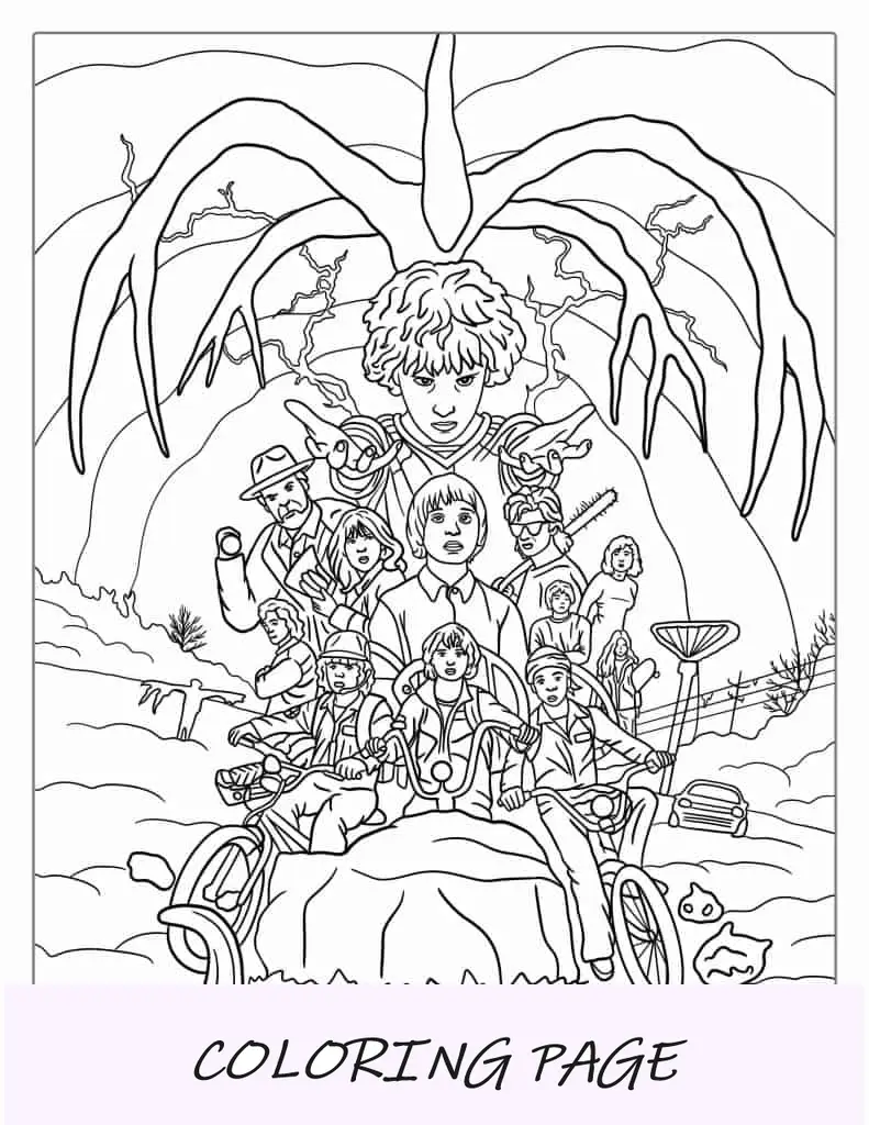 Folha para colorir detalhada de Stranger Things para adultos