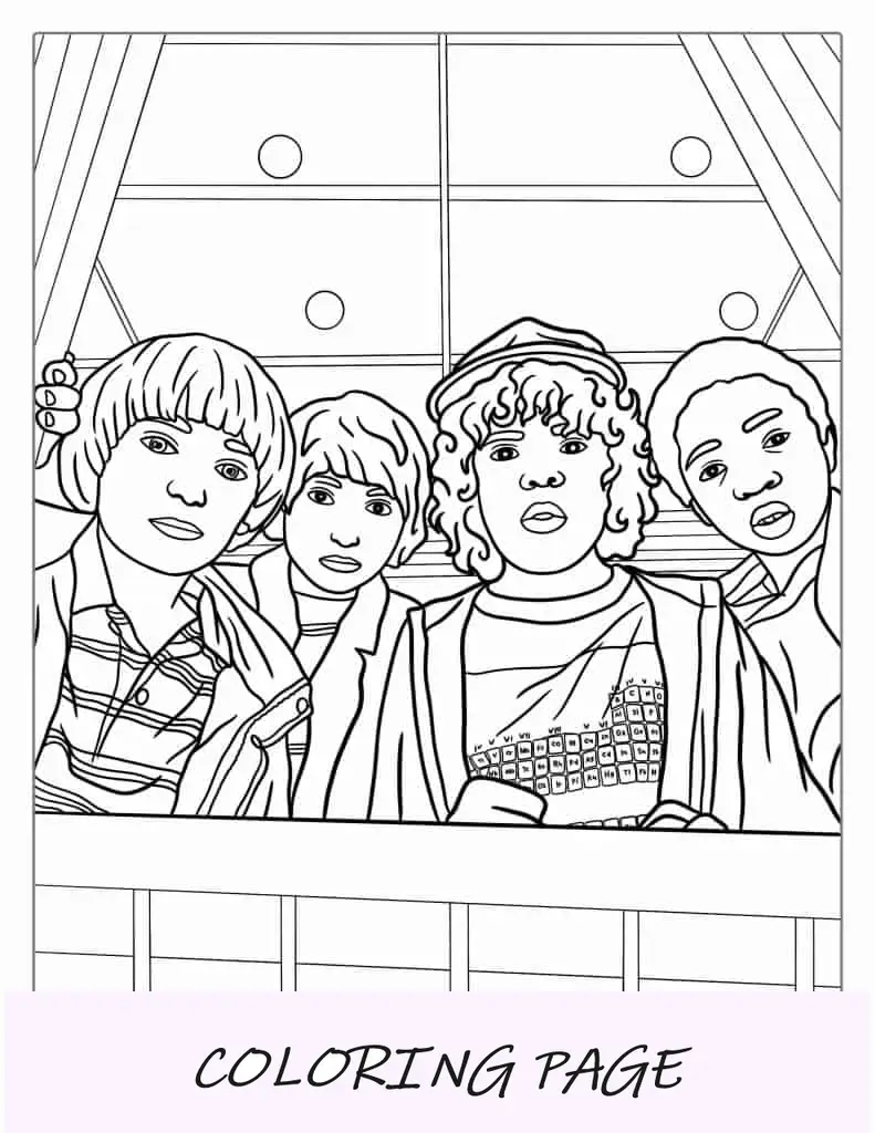 Folha para colorir de Dustin, Lucus, Will e Mike